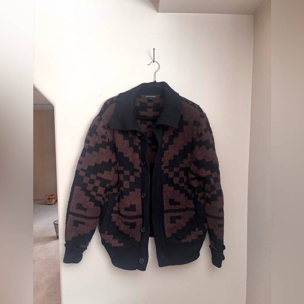 BANANA REPUBLIC | Coronado Jacquard brown cardigan | size large - Picture 3 of 6